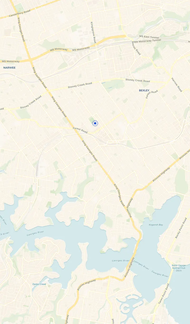 Map of the Hurstville service area and the surrounding suburbs we cover.