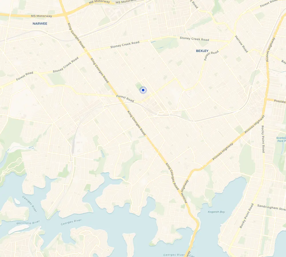 Map of the Hurstville service area and the surrounding St George, showing Hurstville and the nearby streets we cover.